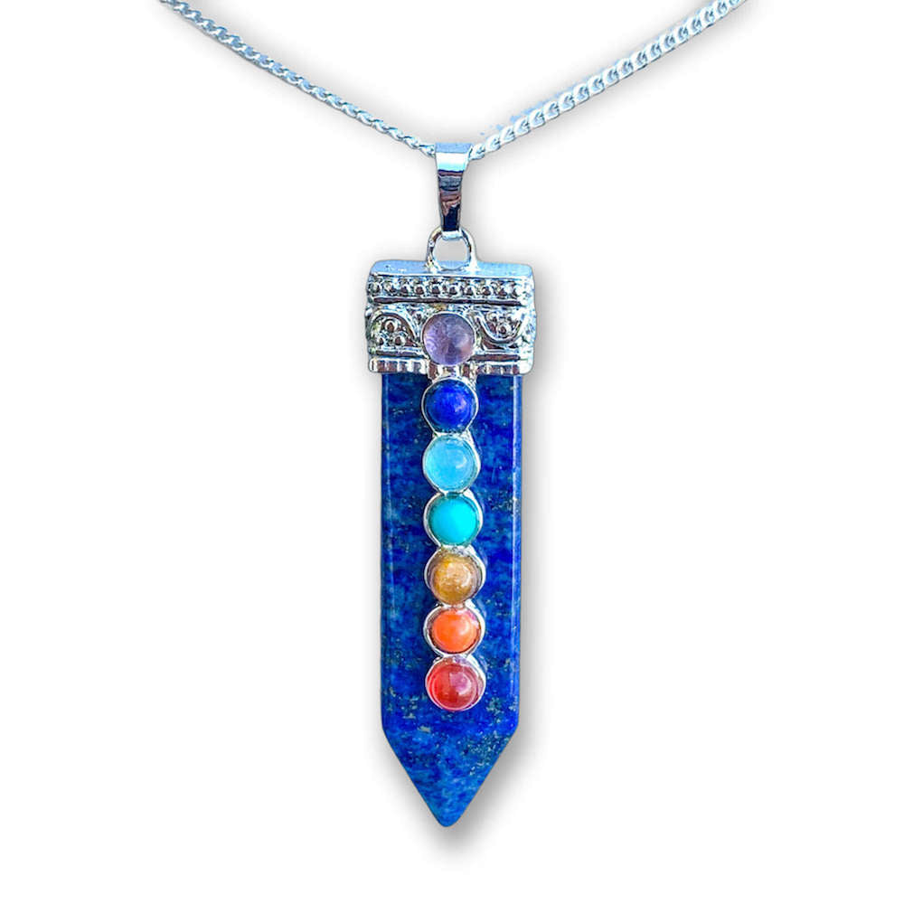 Lapis-Lazuli-seven-chakras-necklace.ooking for Chakra Jewelry? Shop for 7 Chakra Single Point Pendant Necklace at Magic Crystals. This pendant features seven stones that connect with the seven chakras all aligned atop a crystal point. chakra necklace, 7 chakra stones, yoga necklace with crystal gemstones. handmade crystals, gifts for her, gifts for him