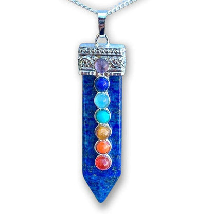 Lapis-Lazuli-seven-chakras-necklace.ooking for Chakra Jewelry? Shop for 7 Chakra Single Point Pendant Necklace at Magic Crystals. This pendant features seven stones that connect with the seven chakras all aligned atop a crystal point. chakra necklace, 7 chakra stones, yoga necklace with crystal gemstones. handmade crystals, gifts for her, gifts for him