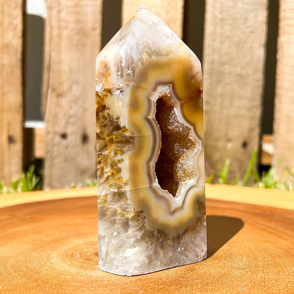 Looking for Agate Geode Tower - Agate Carving? shop at Magic Crystals for Large Unique Agate Druzy Tower - #B with FREE SHIPPING available. Flower agate can be used to re-bloom the feminine side of all persons. GEMSTONE flame carving. High quality crystals.