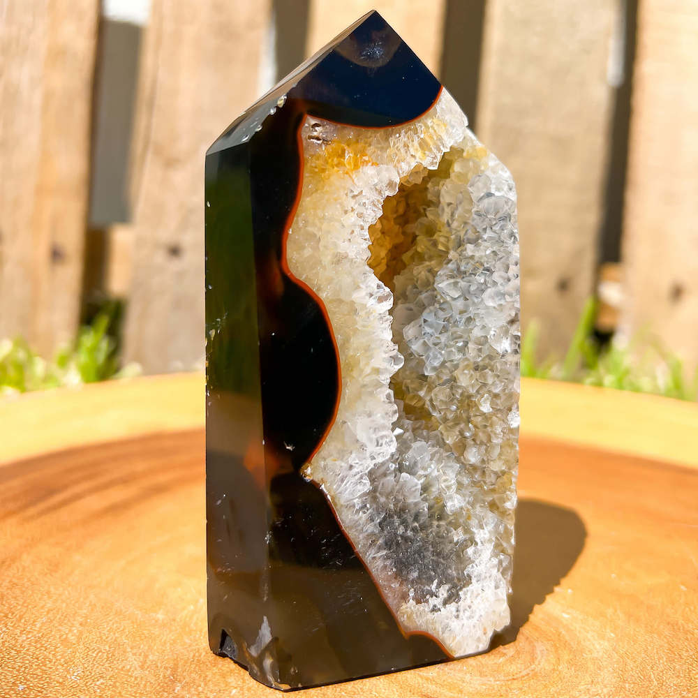 Looking for Agate Geode Tower - Agate Carving? shop at Magic Crystals for Large Unique Agate Druzy Tower - #D with FREE SHIPPING available. Flower agate can be used to re-bloom the feminine side of all persons. GEMSTONE flame carving. High quality crystals.