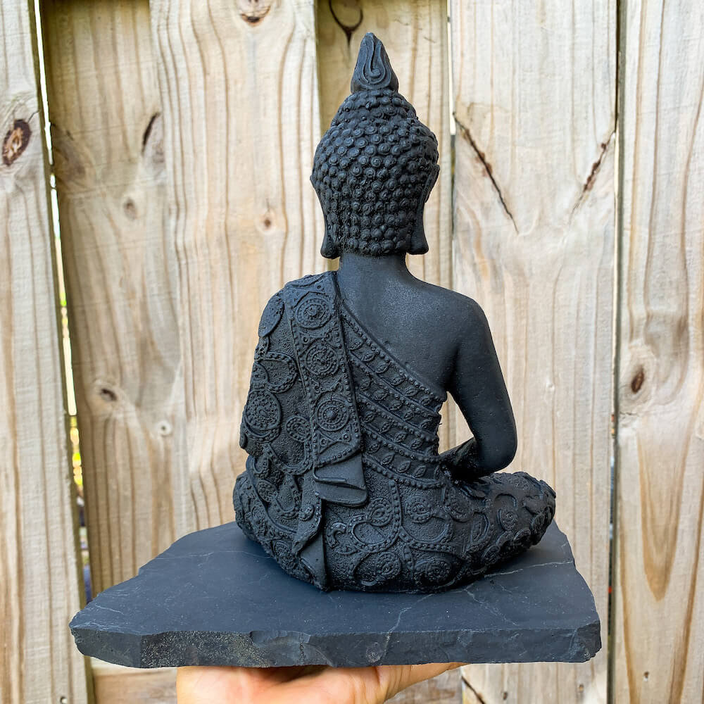 Shungite Meditation large buddha statue from Russia. Shungite dhyana hand-carved buddha sculpture at Magic Crystals. Chakra Healing Stone, Block EMF's WIFI Radiation 5G. Shungite is an extremely earthy stone that is wonderful for easing geopathic stresses such as electromagnetic pollution, smog, and frequencies.