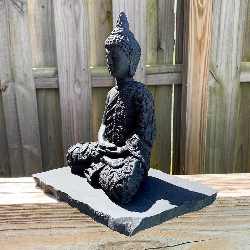 Shungite Meditation large buddha statue from Russia. Shungite dhyana hand-carved buddha sculpture at Magic Crystals. Chakra Healing Stone, Block EMF's WIFI Radiation 5G. Shungite is an extremely earthy stone that is wonderful for easing geopathic stresses such as electromagnetic pollution, smog, and frequencies.