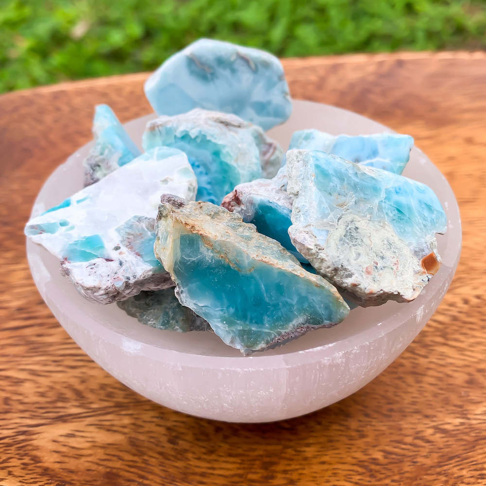 This lovely, rare, and spectacular mineral gem called Larimar is found in the Dominican Republic Ocean. Shop Genuine Larimar slab stone at Magic Crystals. Larimar Slab - Rough Raw Natural Larimar - Ocean Stone, Dolphin stone. For Her. Healing Crystals and Stone - throat Chakra with FREE SHIPPING available. 