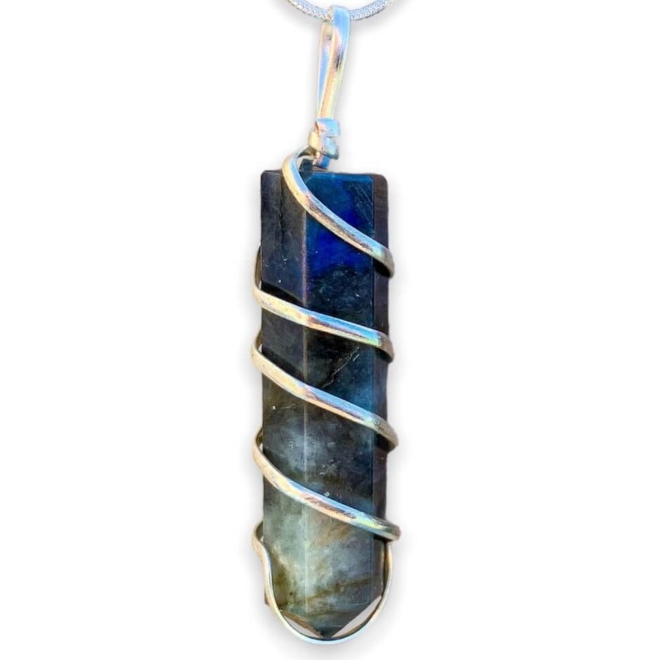 Larvakite-Labradorite-Wired-Wrapped-Silver-Necklace. Gemstone Spiral Wrapped Pendant Necklace