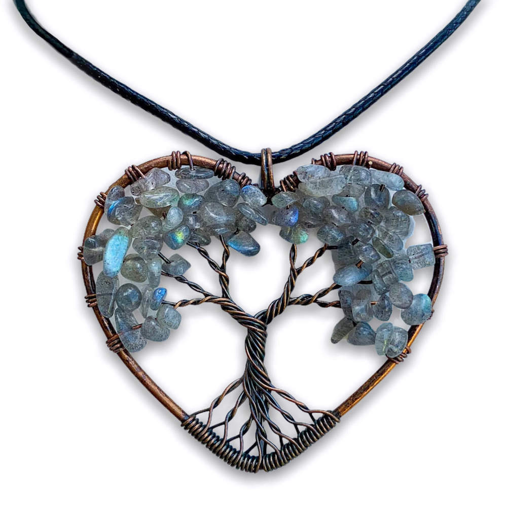    Larvikite-Labradorite-Tree-of-Life-Copper-Wire-Heart-Necklace. Looking for Copper Jewelry? Magic Crystals offers handmade Heart Copper Wire Wrapped,  Tree Of Life,  Hematite Pendant Necklace, 7th Anniversary Gift, Yggdrasil Necklace for Him or Her Gift. Heart Gift perfect for any occasion. Heart Necklace With gemstones. Tree of Life made of copper in a pendant necklace.