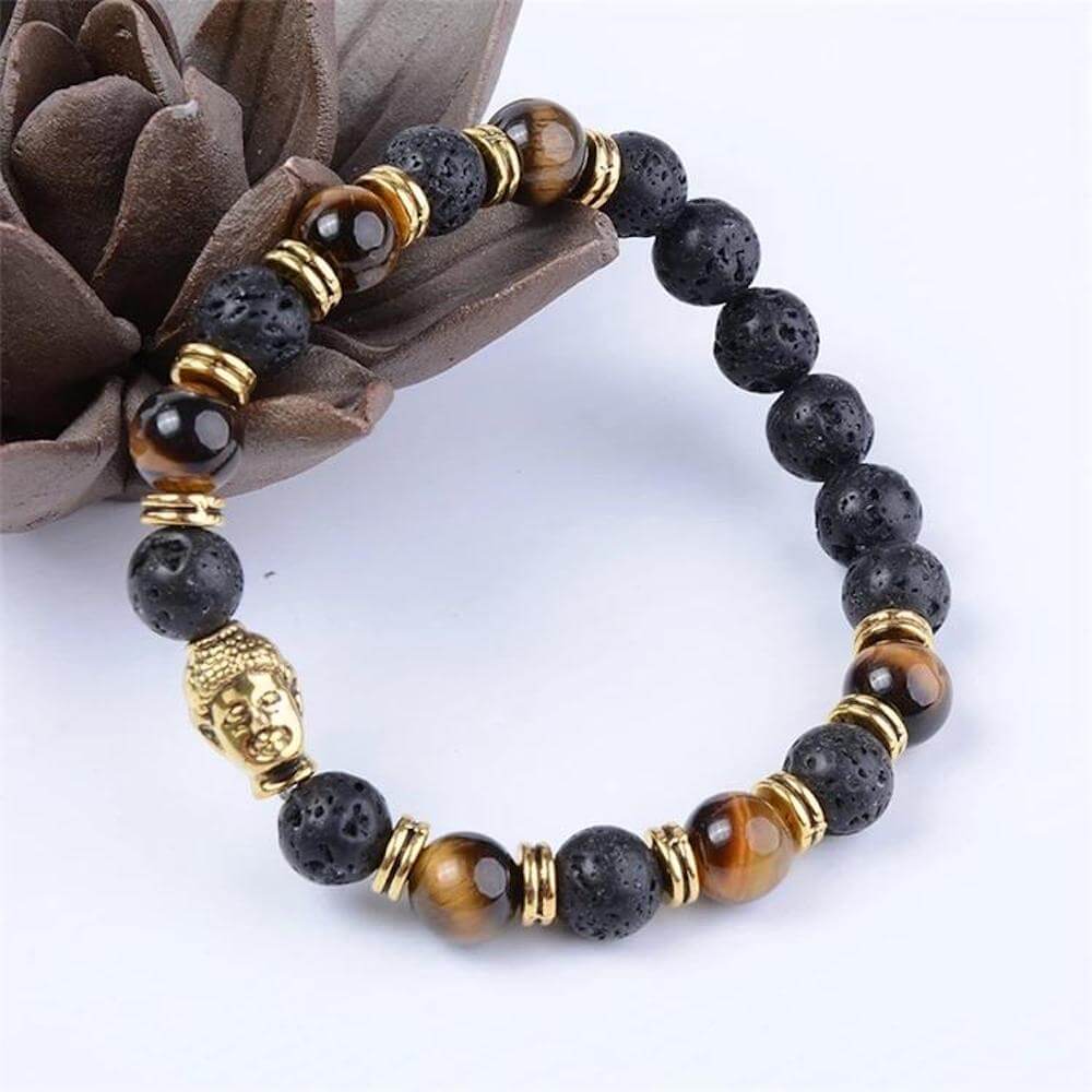 Lava Stone and Yellow Tiger Eye Gold Buddha Bracelet - Magic Crystals