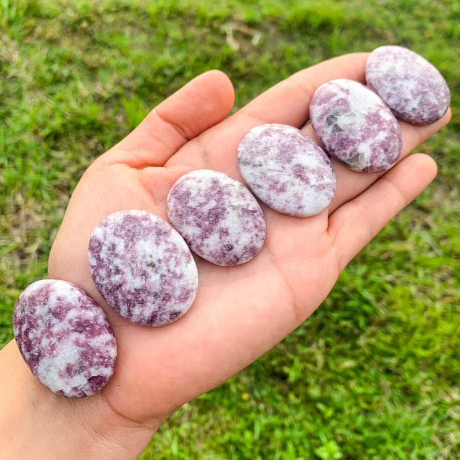 Lepidolite-Palm-Stone. Natural Gemstone Palm Stone.Looking for Natural Gemstone Palm Stone - Worry Meditation Stones? Shop at magiccrystals.com . Magic Crystals carries Palmstones - Meditation Stones with FREE SHIPPING AVAILABLE. Empathetic, supporting and glowing with soft, pretty color, this Jade palm stone is a wonderful crystal gift for someone you love. 