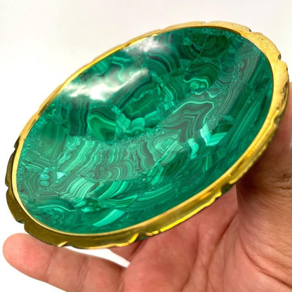 Buy Malachite Home decor? Shop at Magic Crystals for Genuine Malachite Round Bowl - Malachite from Congo, Circular Malachite Bowl with Gold Rim Great for Crystal Grids. malachite aesthetic, malachite jewelry, malachite stone, malachite crystal meaning. Malachite is known as a protection stone.