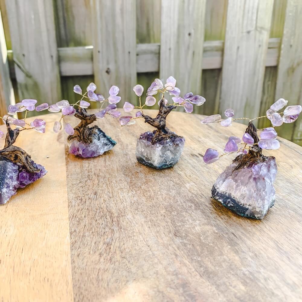 Looking for crystal home decor? Shop at Magiccrystals.com for Mini Purple Amethyst Bonsai Tree on Amethyst Cluster. Magic Crystals has a variety of HOME DECOR made of crystals and gemstones. Amethyst is a powerful and protective stone. Gemstone tree. Birthstone tree sculpture. Amethyst geode gift. FREE SHIPPING