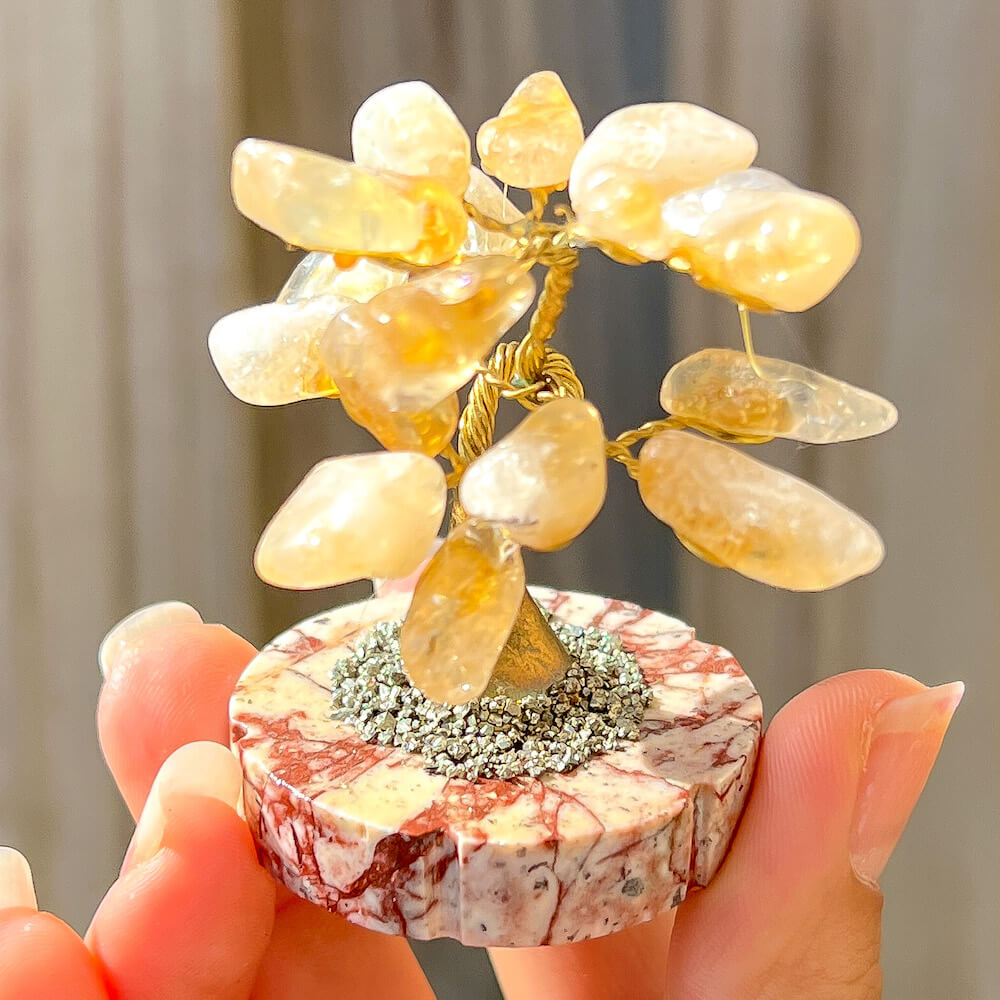 Buy Golden Wired Citrine with Pyrite Tree - Stone Tree in Magic Crystals.  Citrine money luck joy. Magic Crystals has a variety of HOME DECOR made of crystals and gemstones. Gemstone tree. Birthstone tree sculpture. Hematite chunks gift. FREE SHIPPING AVAILABLE. perfect Unique Gift. Gift for Her and Xmas Gift for men