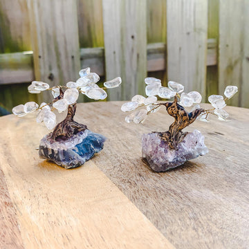 quartz bonsai tree Mini Clear Quartz Bonsai Tree on Amethyst Cluster