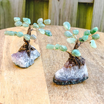 Mini Green Aventurine Bonsai Tree on Amethyst Cluster