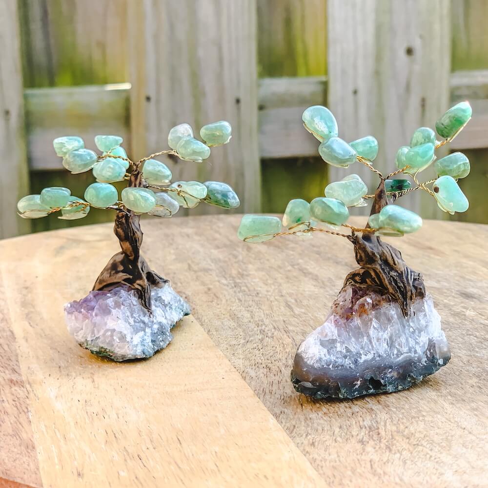 Buy Raw Mini Green Aventurine Bonsai Tree on Amethyst Cluster in Magic Crystals. Green Aventurine is great for HEALING, ABUNDANCE and GROWTH. Magic Crystals has a variety of HOME DECOR made of crystals and gemstones. Gemstone tree. Birthstone tree sculpture. Amethyst geode gift. FREE SHIPPING AVAILABLE.
