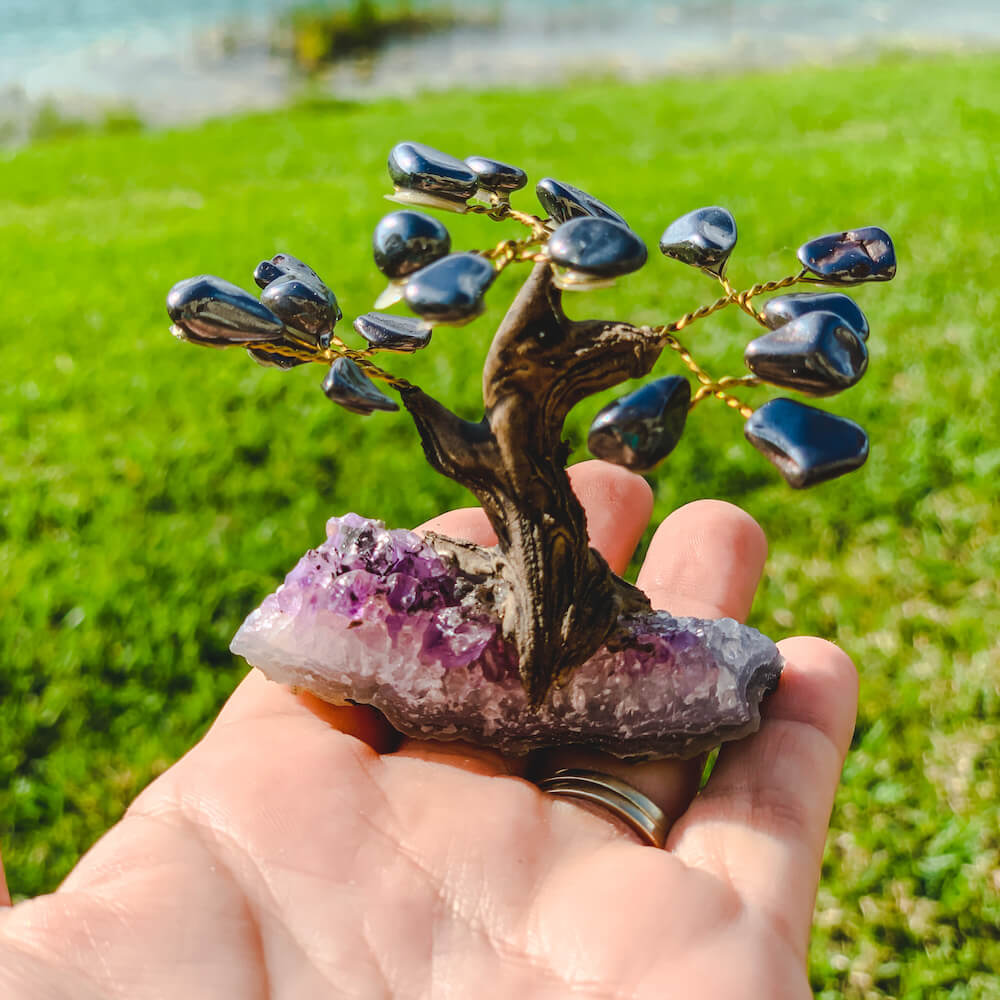 Looking for crystal home decor? Shop at Magiccrystals.com for Mini Gray Hematite Bonsai Tree on Amethyst Cluster. Magic Crystals has a variety of HOME DECOR made of crystals and gemstones. Hematite is known as the stone of grounding. Gemstone tree. Birthstone tree sculpture. Amethyst geode gift. FREE SHIPPING AVAILABLE