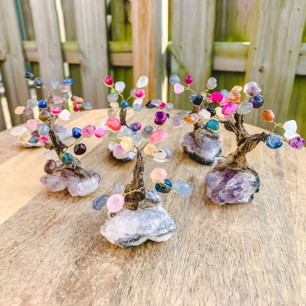 crystal bonsai tree meaning Mini Multi Stone Bonsai Tree on Amethyst Geode