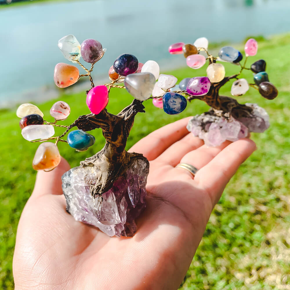 Looking for crystal home decor? Shop Mini Multi Stone Bonsai Tree on Amethyst Geode  at Magic Crystals. Magiccrystals.com carries variety of gemstone trees and home decor! Free shipping available  FREE SHIPPING available. 