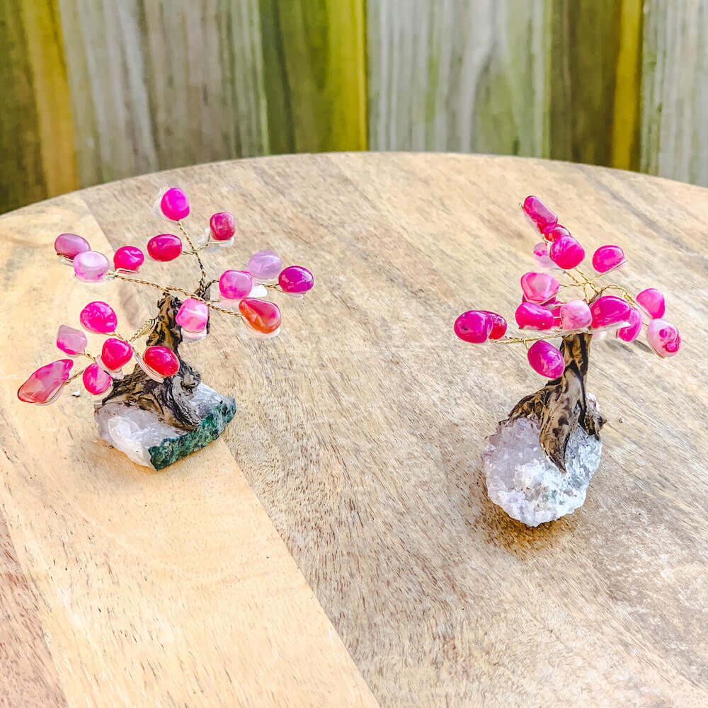 Looking pink agate home decor? Buy Raw Mini Pink Agate Bonsai Tree on Amethyst Cluster in Magic Crystals. Pink Agate is a stone of strength. Magic Crystals has a variety of HOME DECOR made of crystals and gemstones. Birthstone tree sculpture FREE SHIPPING available.