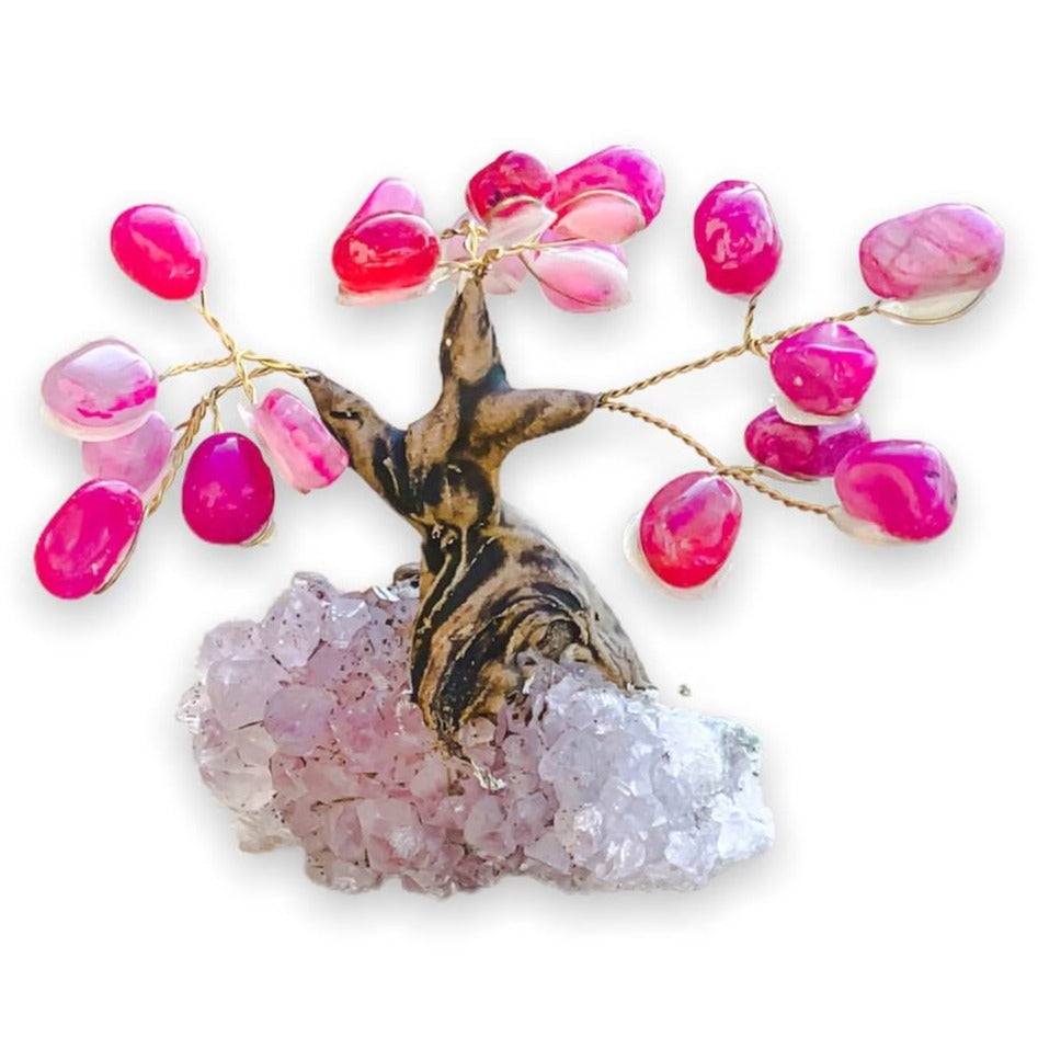 Looking pink agate home decor? Buy Raw Mini Pink Agate Bonsai Tree on Amethyst Cluster in Magic Crystals. Pink Agate is a stone of strength. Magic Crystals has a variety of HOME DECOR made of crystals and gemstones. Birthstone tree sculpture FREE SHIPPING available.