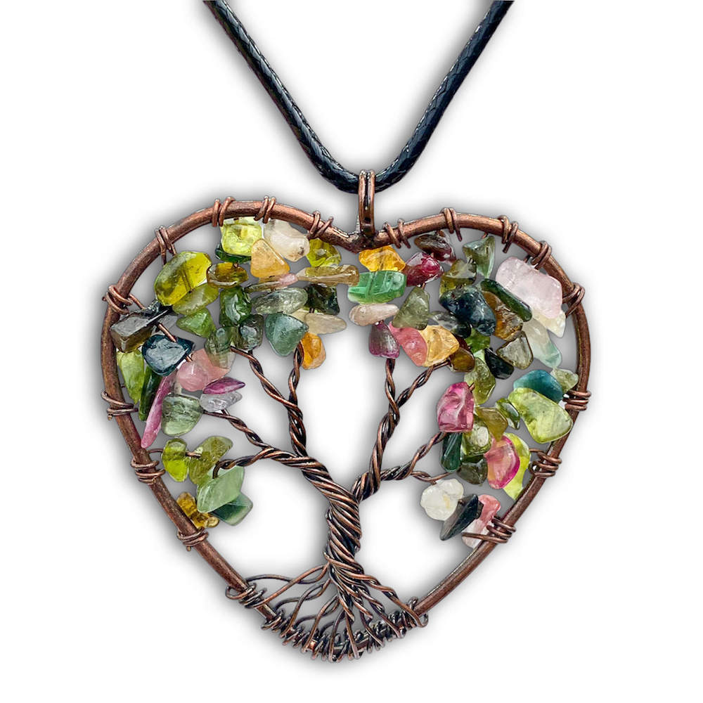    Multi-Stone-Tourmaline -Tree-of-Life-Copper-Wire-Heart-Necklace. Looking for Copper Jewelry? Magic Crystals offers handmade Heart Copper Wire Wrapped,  Tree Of Life,  Hematite Pendant Necklace, 7th Anniversary Gift, Yggdrasil Necklace for Him or Her Gift. Heart Gift perfect for any occasion. Heart Necklace With gemstones. Tree of Life made of copper in a pendant necklace.