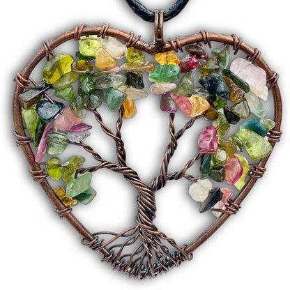    Multi-Stone-Tourmaline -Tree-of-Life-Copper-Wire-Heart-Necklace. Looking for Copper Jewelry? Magic Crystals offers handmade Heart Copper Wire Wrapped,  Tree Of Life,  Hematite Pendant Necklace, 7th Anniversary Gift, Yggdrasil Necklace for Him or Her Gift. Heart Gift perfect for any occasion. Heart Necklace With gemstones. Tree of Life made of copper in a pendant necklace.