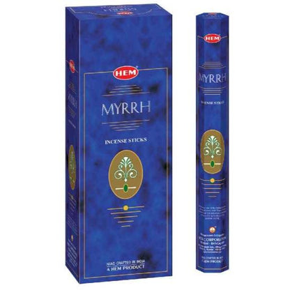 Free Shipping Available. Shop for Hem Myrrh Incense Sticks Natural Fragrance - Incienso Mirra at Magic Crystals. 6 tubes of 20 sticks, 120 sticks total. Quality Incense. Hem is known throughout the world for producing traditional incenses made from quality woods, flowers, resins, and essential oils.