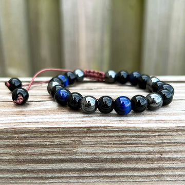 Bracelet Shamballa Cordon Noir Et Perles Bleues/hématite - Ajustable, Neuf Avec étiquettes