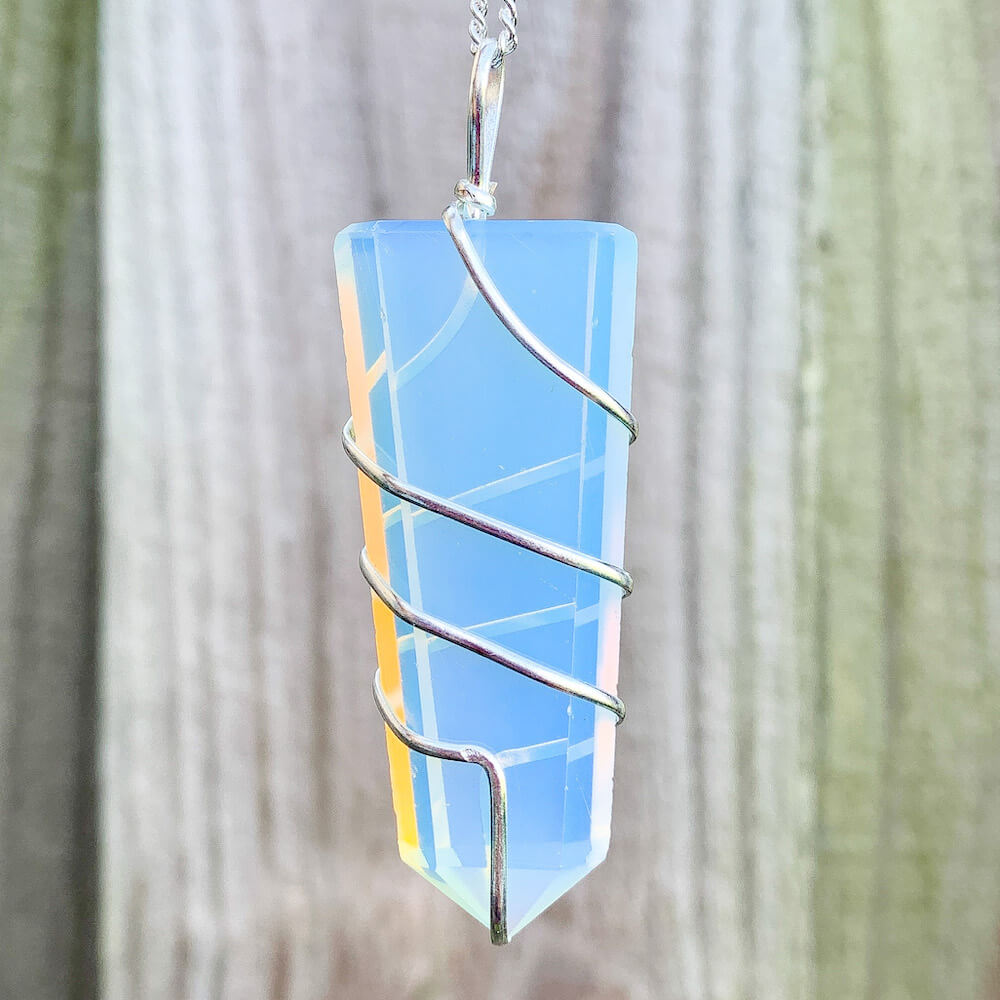 Opalite-Flat-Obelisk-Pendant.  Looking for a handmade Gemstone Obelisk Necklace? Find the best quality  Obelisk Wire Wrap Pendant w/ Plated Chain,  Wire Wrapped Necklace, Obelisk jewelry, Wire Wrap necklaces, Crown Chakra, Healing when you shop at Magic Crystals. FREE SHIPPING available. Rose Quartz  Flat Point In Silver Spiral Pendant.