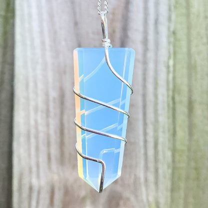 Opalite-Flat-Obelisk-Pendant.  Looking for a handmade Gemstone Obelisk Necklace? Find the best quality  Obelisk Wire Wrap Pendant w/ Plated Chain,  Wire Wrapped Necklace, Obelisk jewelry, Wire Wrap necklaces, Crown Chakra, Healing when you shop at Magic Crystals. FREE SHIPPING available. Rose Quartz  Flat Point In Silver Spiral Pendant.
