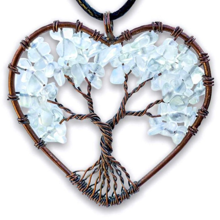 Opalite-Tree-of-Life-Copper-Wire-Heart-Necklace. Looking for Copper Jewelry? Magic Crystals offers handmade Heart Copper Wire Wrapped,  Tree Of Life,  Hematite Pendant Necklace, 7th Anniversary Gift, Yggdrasil Necklace for Him or Her Gift. Heart Gift perfect for any occasion. Heart Necklace With gemstones. Tree of Life made of copper in a pendant necklace.