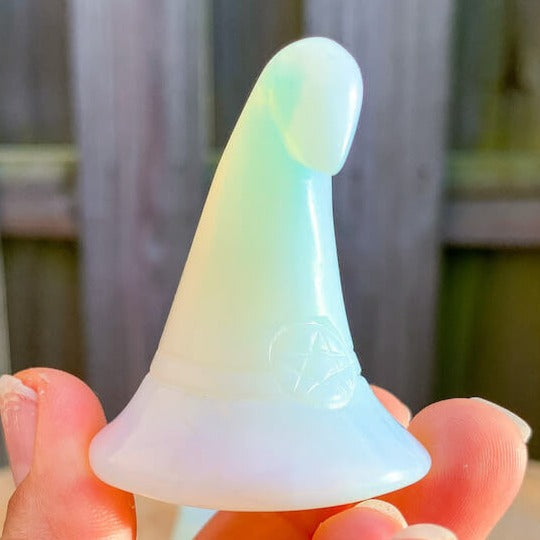 Looking for Carved Gemstone? Shop at Magic Crystals for Opalite Witch Hat | Carved and Polished Natural Opalite Crystal | Metaphysical Healing and Home Decor. Gemstone 2" - Witches Hat with FREE SHIPPING available.