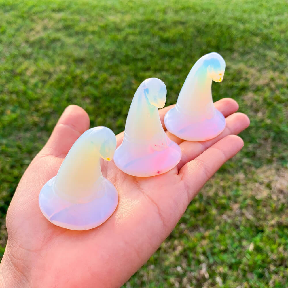 Looking for Carved Gemstone? Shop at Magic Crystals for Opalite Witch Hat | Carved and Polished Natural Opalite Crystal | Metaphysical Healing and Home Decor. Gemstone 2" - Witches Hat with FREE SHIPPING available.