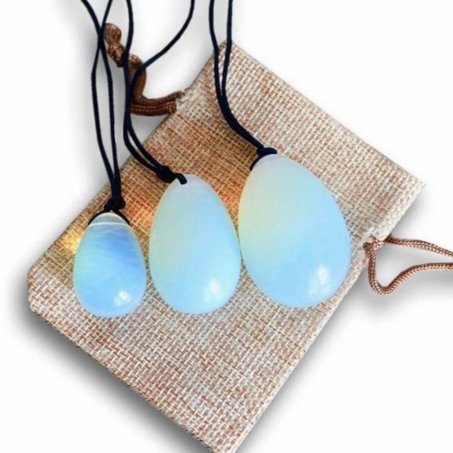 Opalite Yoni Eggs Set. Free Shipping Available. Buy from Magic Crystals . Yoni Eggs 3-pcs Yoni Eggs Certified  jade eggs, Drilled, with String. Yoni Eggs are highly polished semi-precious gemstones carved especially for the female Yoni (vagina). Natural Yoni Eggs Set - Yoni Eggs drilled.