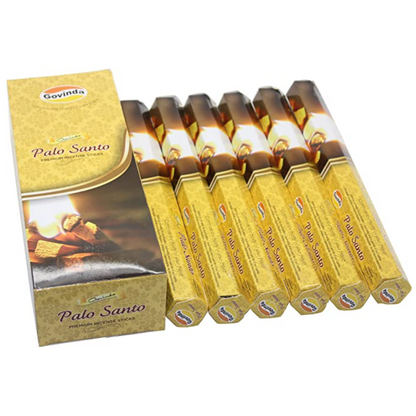 Palo-Santo-Govinda-IncenseSticks. 6 tubes of 20 sticks, 120 sticks total. Quality Incense. Govinda is known throughout the world for producing traditional incenses made from quality woods, flowers, resins, and essential oils. Lavender, Ruda, Sandalwood, white sage and more. Govinda Incense - 120 Sticks Box - Magic Crystals