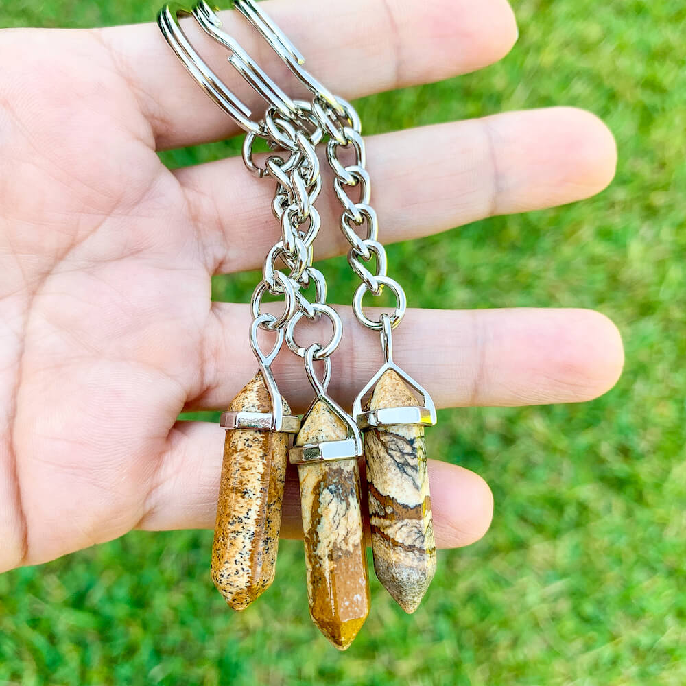 Picture Jasper KEYCHAIN. Shop at Magic Crystals for Crystal Keychain, Pet Collar Charm, Bag Accessory, natural stone, crystal on the go, keychain charm, gift for her and him. FREE SHIPPING available. Picture Jasper Crystal Key Chain, Crystal Keyring, Picture Jasper Crystal Key Holder. Purple stone keys.