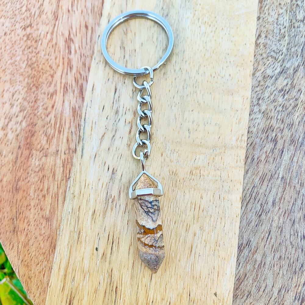 Picture Jasper KEYCHAIN. Shop at Magic Crystals for Crystal Keychain, Pet Collar Charm, Bag Accessory, natural stone, crystal on the go, keychain charm, gift for her and him. FREE SHIPPING available. Picture Jasper Crystal Key Chain, Crystal Keyring, Picture Jasper Crystal Key Holder. Purple stone keys.