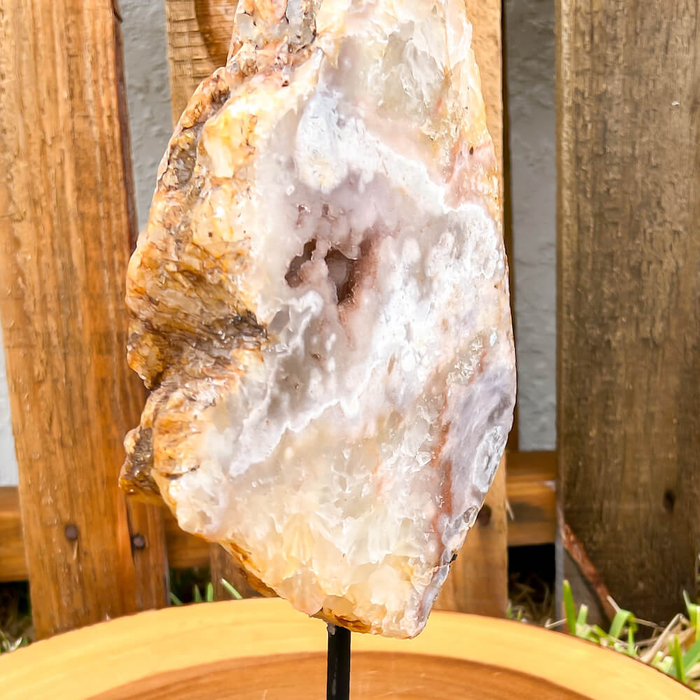 Buy Magic Crystals Pink Amethyst Polished Point, Pink Amethyst Slab #Q with Druzy Pockets on a stand. Pink Amethyst Slab - Druzy Amethyst Stone on Stand, Point, Stone Point, Crystal Point, Amethyst Stones on stand at Magic Crystals. Natural Amethyst Gemstone for PROTECTION, PEACE, INSPIRATION. Magiccrystals.com