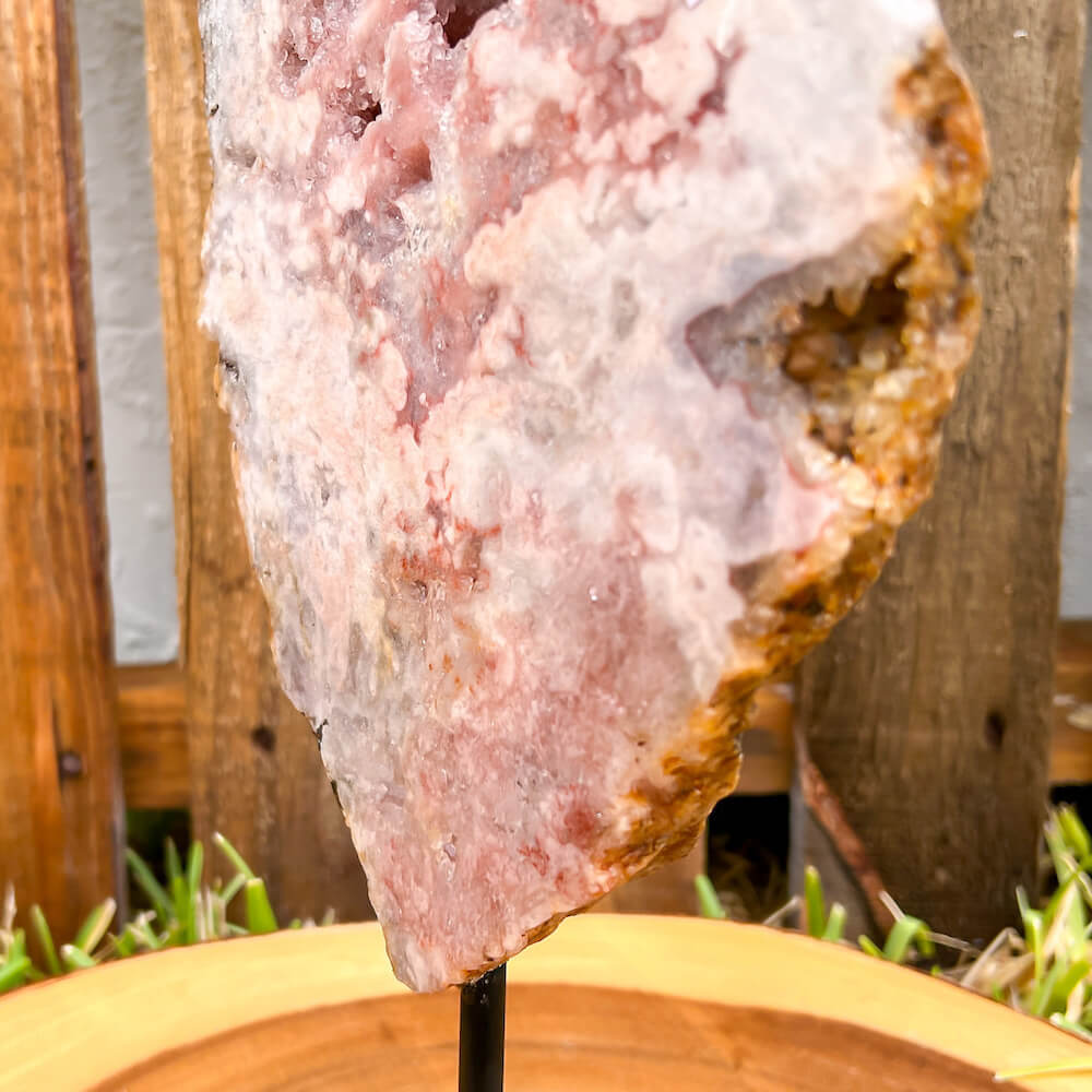 Buy Magic Crystals Pink Amethyst Polished Point, Pink Amethyst Slab #U with Druzy Pockets on a stand. Pink Amethyst Slab - Druzy Amethyst Stone on Stand, Point, Stone Point, Crystal Point, Amethyst Stones on stand at Magic Crystals. Natural Amethyst Gemstone for PROTECTION, PEACE, INSPIRATION. Magiccrystals.com