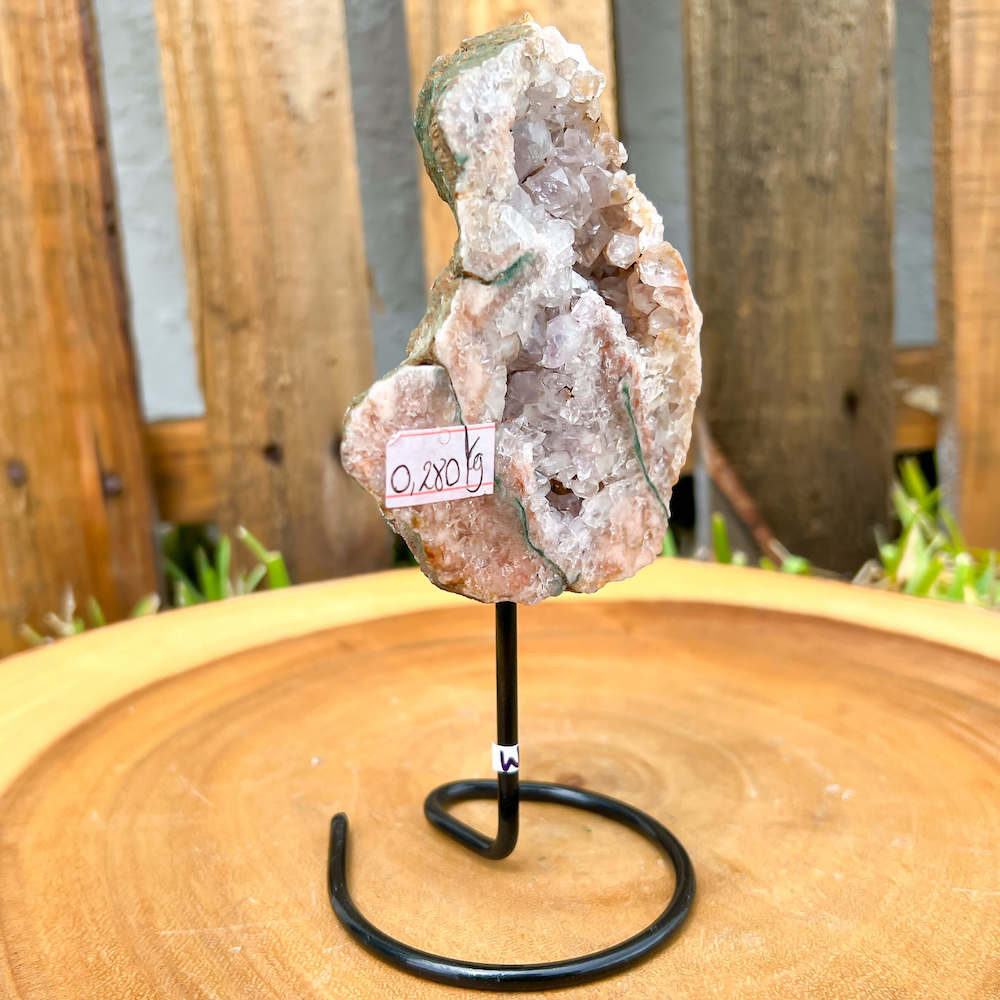 Buy Magic Crystals Pink Amethyst Polished Point, Pink Amethyst Slab #W with Druzy Pockets on a stand. Pink Amethyst Slab - Druzy Amethyst Stone on Stand, Point, Stone Point, Crystal Point, Amethyst Stones on stand at Magic Crystals. Natural Amethyst Gemstone for PROTECTION, PEACE, INSPIRATION. Magiccrystals.com