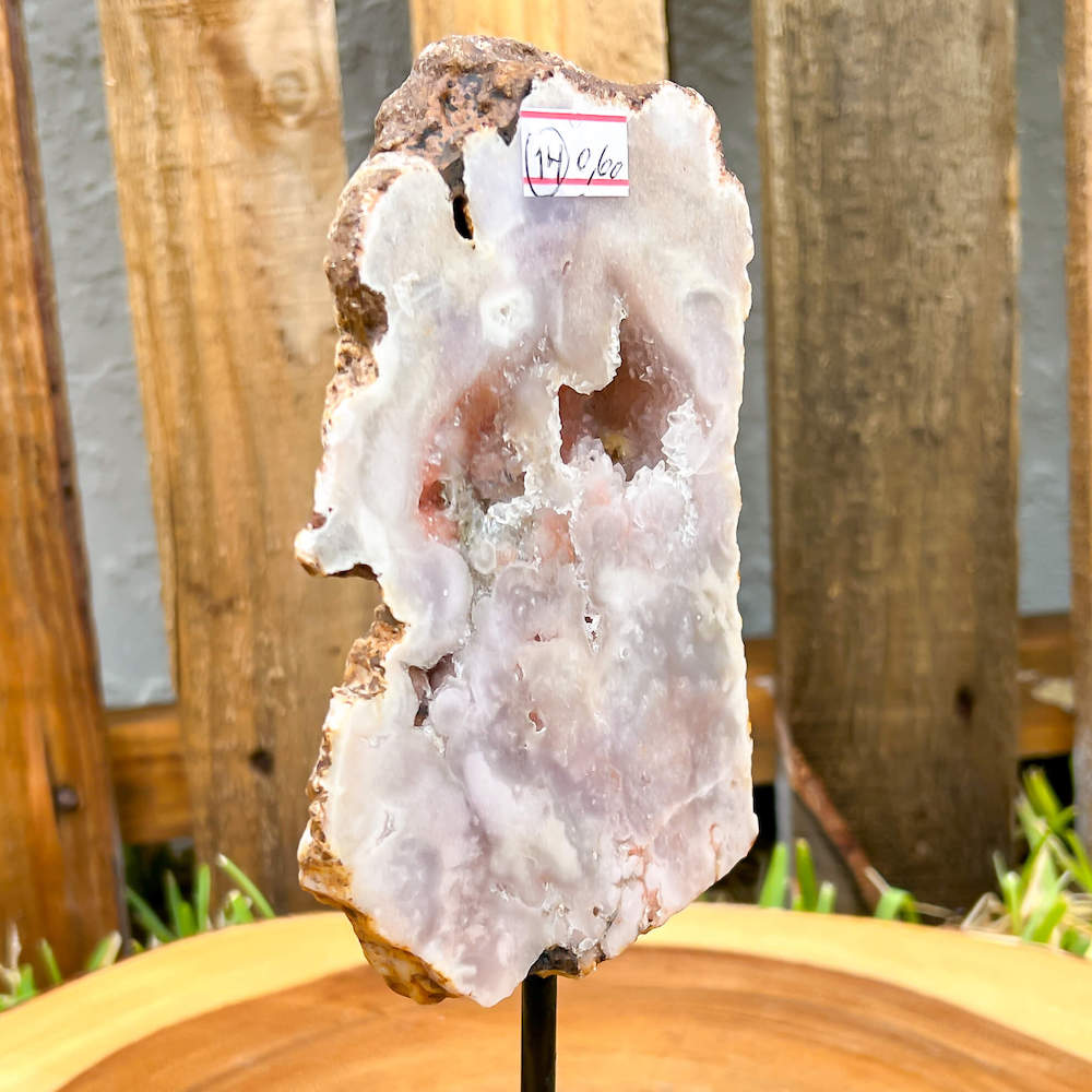 Buy Magic Crystals Pink Amethyst Polished Point, Pink Amethyst Slab #X with Druzy Pockets on a stand. Pink Amethyst Slab - Druzy Amethyst Stone on Stand, Point, Stone Point, Crystal Point, Amethyst Stones on stand at Magic Crystals. Natural Amethyst Gemstone for PROTECTION, PEACE, INSPIRATION. Magiccrystals.com