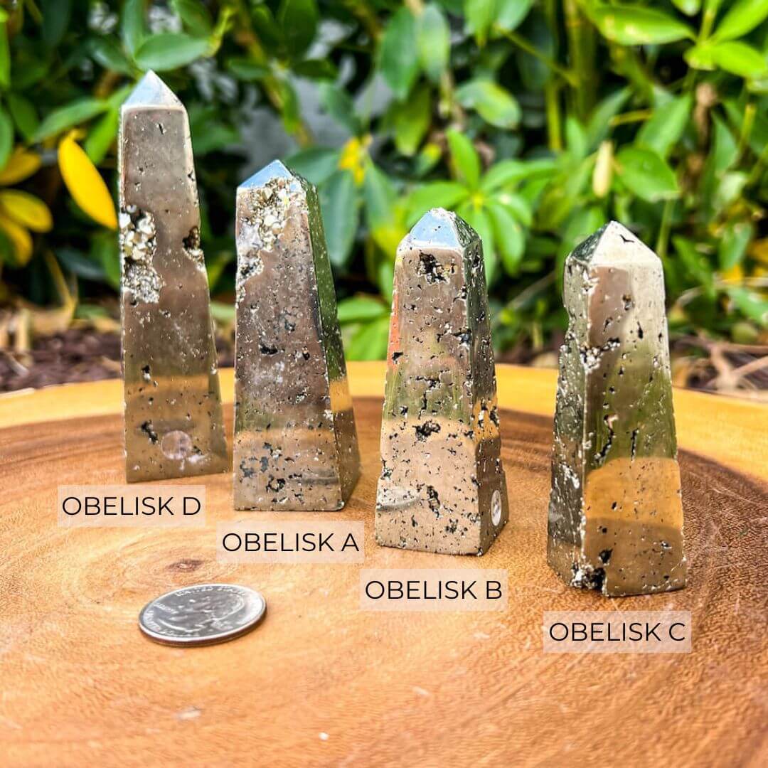 Shop from Magic Crystals One Rough Druzy Pyrite obelisk Metal Stand, obelisk Pyrite Chunk on Stand, Point on Stand Pin, Fools Gold. Pyrite obelisk Protect Stone, Rough Pyrite, Raw Pyrite obelisk! Pyrite stone. We carry a wide variety of clear quartz gemstones, and quartz specimens. FREE SHIPPING AVAILABLE.