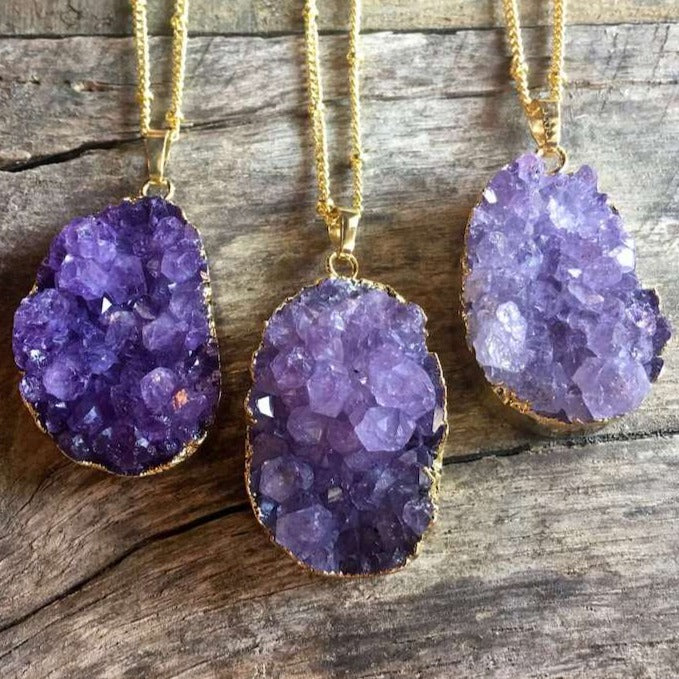 Amethyst Necklace. Shop for Raw Amethyst Pendant Gold Necklace - Amethyst Jewelry at Magic Crystals. FREE SHIPPING available. Grade A, genuine amethyst, giving it an elegant look perfect for anniversary gift, Christmas. Gift for spiritual people. Raw Crystal Necklace, Raw Stone Amethyst Druzy Pendant.