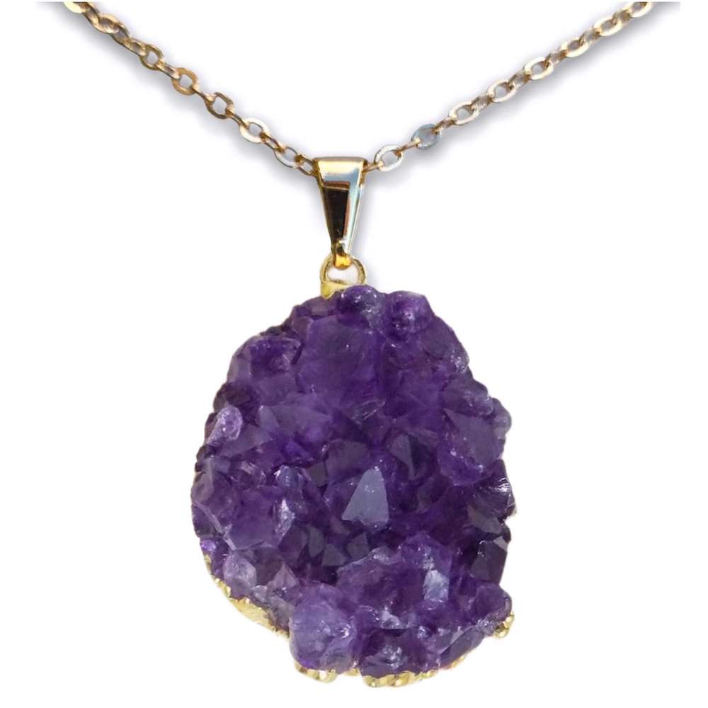 Amethyst Necklace. Shop for Raw Amethyst Pendant Gold Necklace - Amethyst Jewelry at Magic Crystals. FREE SHIPPING available. Grade A, genuine amethyst, giving it an elegant look perfect for anniversary gift, Christmas. Gift for spiritual people. Raw Crystal Necklace, Raw Stone Amethyst Druzy Pendant.