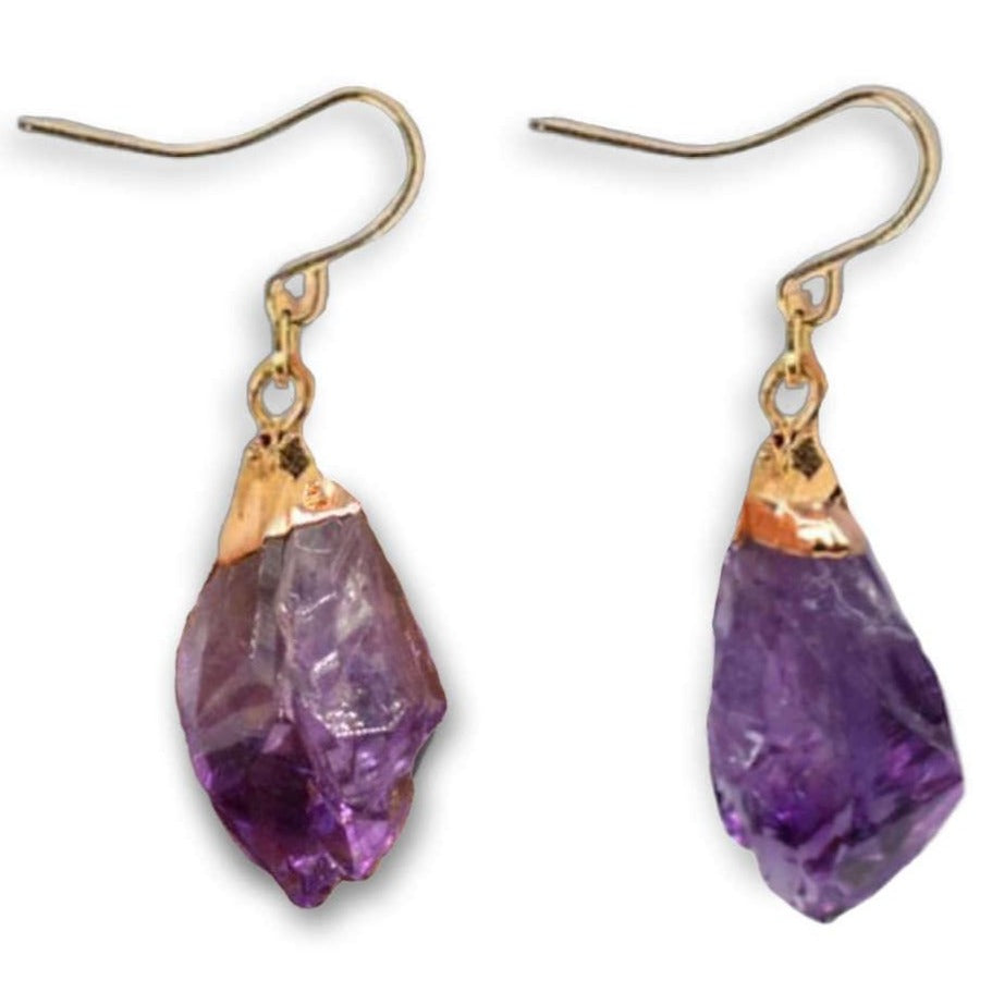 Natural Raw Amethyst Dangling Earrings, Gold Dipped Amethyst Set with Matching Pendant - Magic Crystals - Earrings