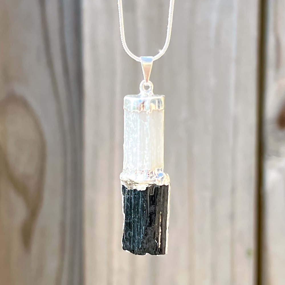 Looking for Selenite and Black Tourmaline Pendant Necklace? Selenite and Tourmaline Pendant Jewelry and Selenite and Tourmaline Necklace are available at Magic crystals. We carry genuine Selenite, and Tourmaline stones. This necklace is used for Money Stone, Cleansing pendants, and protection. FREE SHIPPING available.