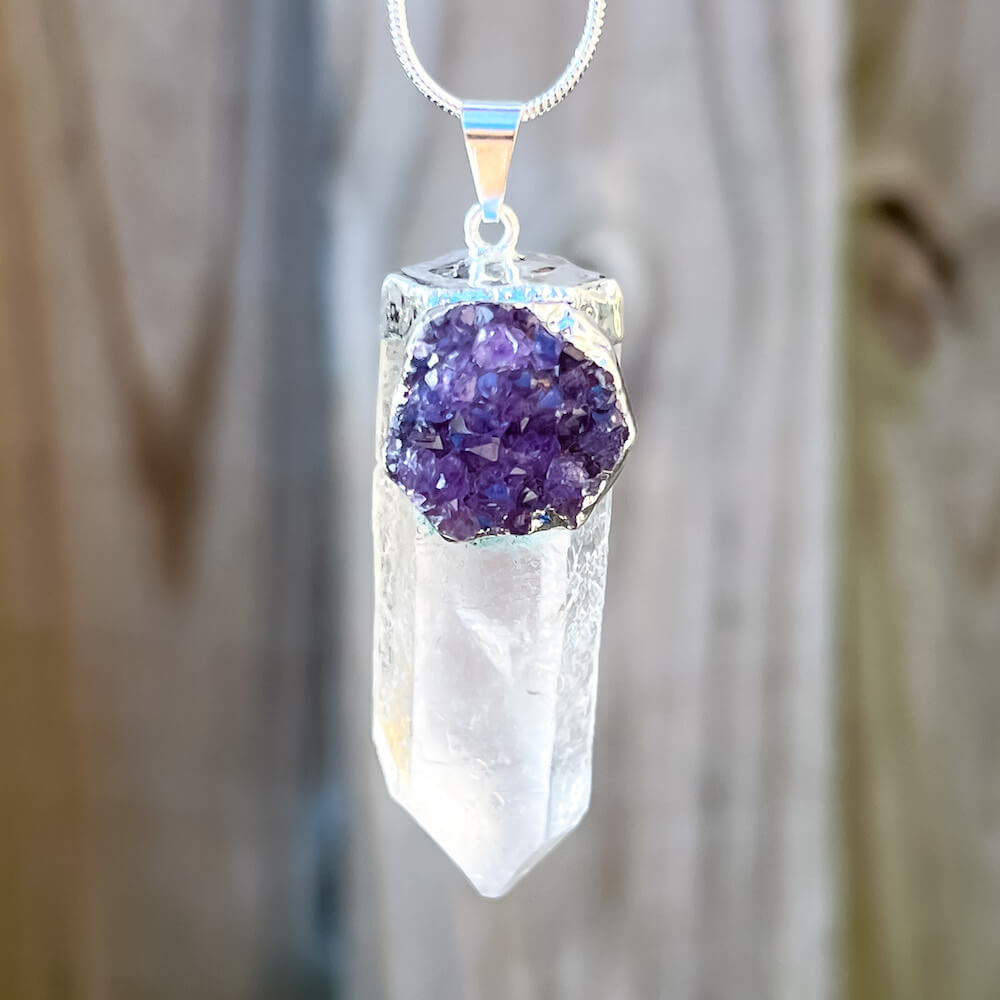 Raw Amethyst and Clear Quartz Pendant Crystal Necklace. spirituality amplifier necklace. Looking for Amethyst necklaces? Amethyst Jewelry? Find quality Amethyst gemstone when you shop at Magic Crystals. Amethyst is a solar plexus chakra stone used metaphysically to increase, magnify and clarify personal power.