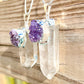 Raw Amethyst and Clear Quartz Pendant Crystal Necklace. spirituality amplifier necklace. Looking for Amethyst necklaces? Amethyst Jewelry? Find quality Amethyst gemstone when you shop at Magic Crystals. Amethyst is a solar plexus chakra stone used metaphysically to increase, magnify and clarify personal power.