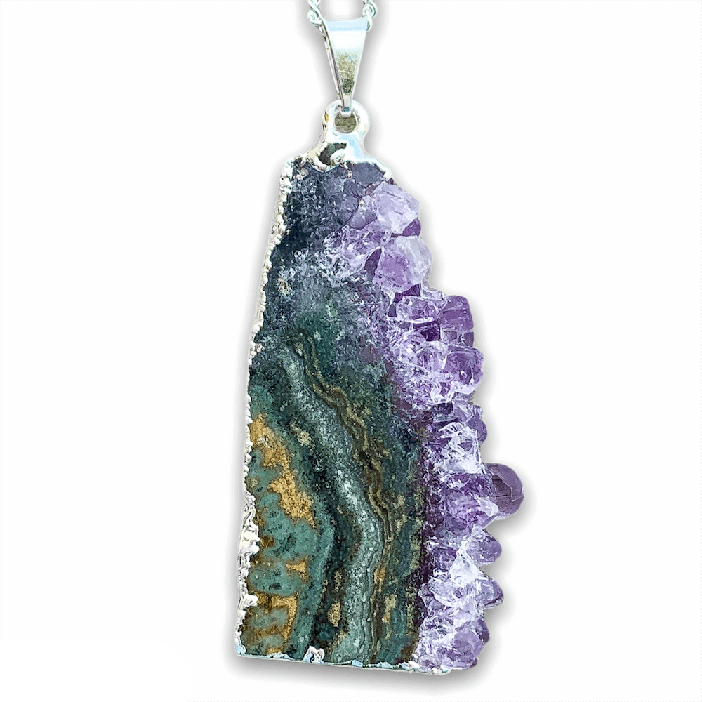 Looking for Raw Amethyst Silver Plated Handmade Pendant Necklace? Shop at Magic Crystals for Amethyst Jewelry. Amethyst Stone necklaces are good for PROTECTION, PURIFICATION, and SPIRITUALITY. Raw Amethyst Slice Pendant February Birthstone Necklace Gold Filled Chain Rectangle. Purple Crystal Gift. Handmade Jewelry.