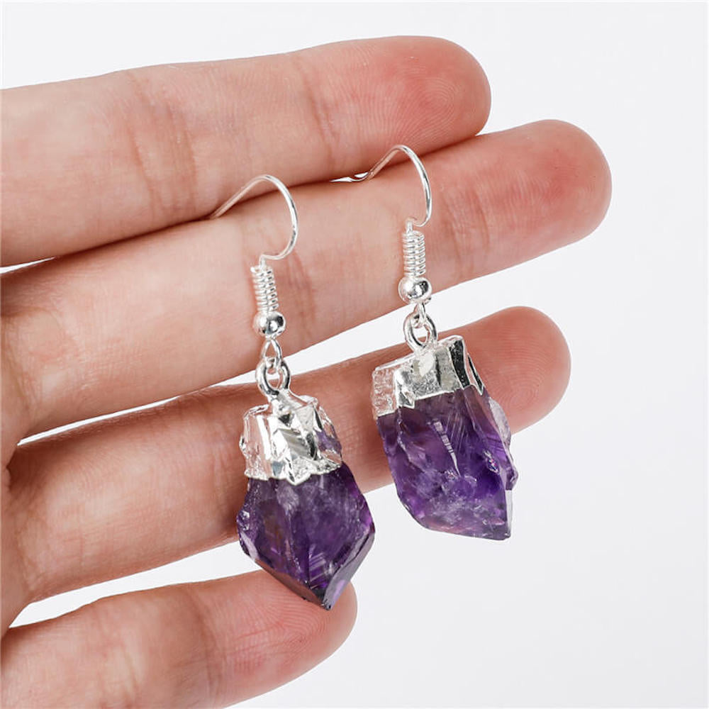 Shop for beautiful Natural Raw Amethyst Dangling Earrings, Silver Dipped with Matching Pendant. Excellent choice for women. available with FREE SHIPPING and in gold. Find a Gold Amethyst Necklace or Silver Amethyst Necklace when you shop at Magic Crystals. February birthstone.