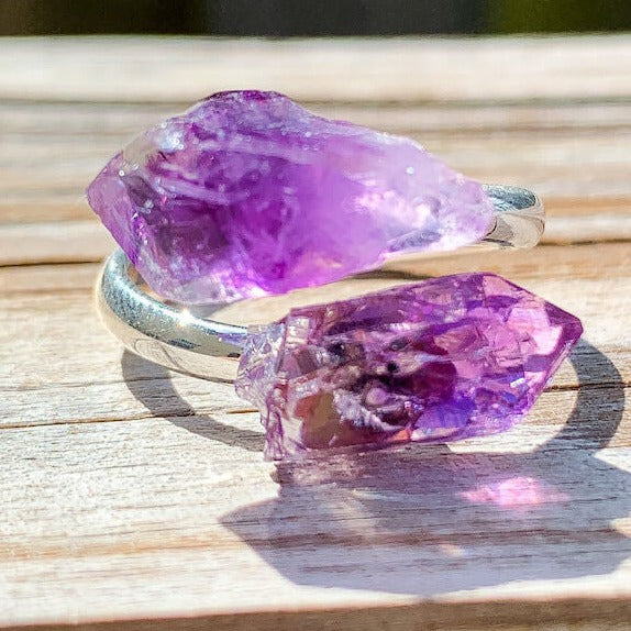 Real-Amethyst-Ring. Shop for Adjustable Dual Crystal Ring - Chakra Ring Jewelry from Magic crystals. 2 points crystal ring for creativity, passion, wisdom, and love. Activate your chakra. Birthstone Rings. Pure Natural Raw Healing Crystal for Women, men. Minimal Gemstone Rings, Chunky crystal rings, Raw gemstone rings, Raw crystal rings.