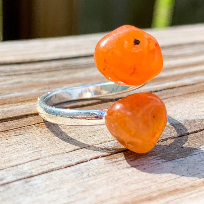 Real-Carnelian-Ring. Shop for Adjustable Dual Crystal Ring - Chakra Ring Jewelry from Magic crystals. 2 points crystal ring for creativity, passion, wisdom, and love. Activate your chakra. Birthstone Rings. Pure Natural Raw Healing Crystal for Women, men. Minimal Gemstone Rings, Chunky crystal rings, Raw gemstone rings, Raw crystal rings.